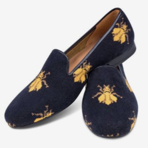 STUBBS & WOOTON Bee Black Needlepoint Slipper - Size 9 - Picture 1 of 17